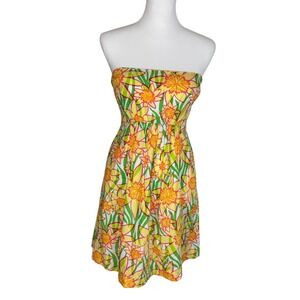 Lilly Pulitzer Wyatt Strapless Cotton Sun Dress Yellow Green Daffodils Size 0